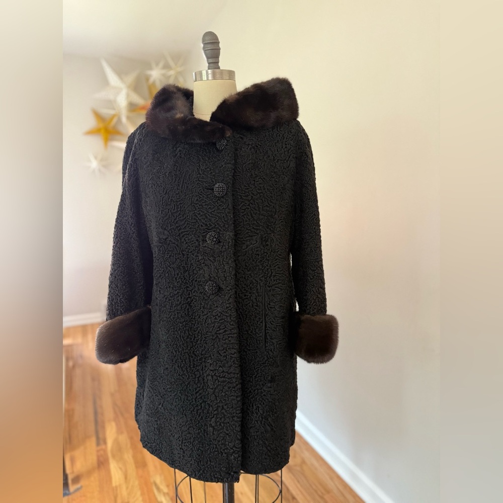 Vintage 1950s Persian Lamb Coat with Mink Collar & Cuffs Mid-Century